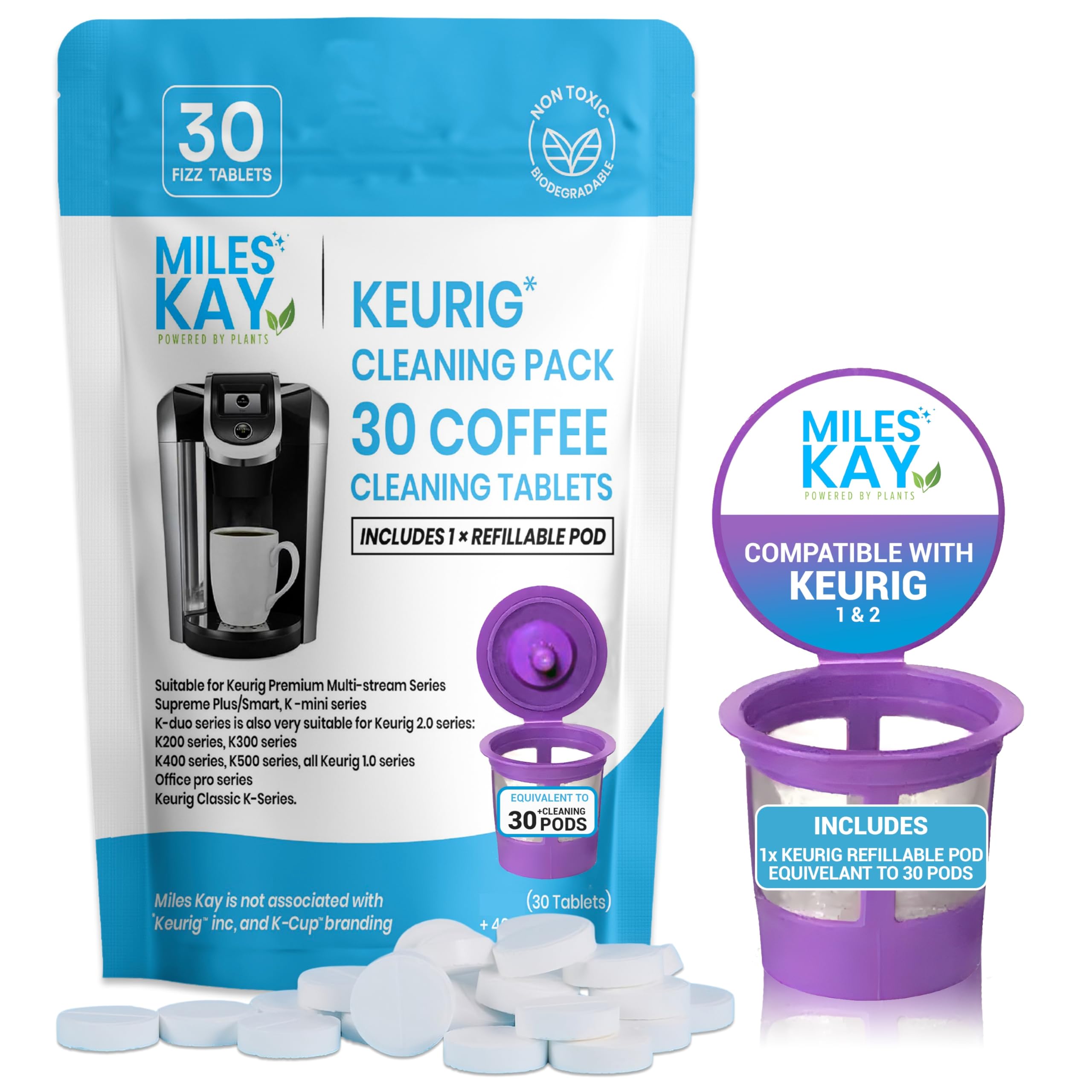 Miles Kay 30-Pack Refillable/Tablet Cleaning Pack – Refillable K Cup + 30 Coffee espresso cleaning tablets- Reusable Coffee Filter Refillable Single